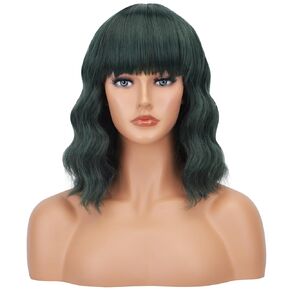 AICKER Black Short Bob Wigs with Bangs for Women Loose Wavy Wig Curly Wavy Shoulder Length Bob Synthetic Cosplay Wig for Girl Colorful Costume Wigs