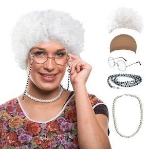 GenmeiFBH White Granny Costume Wig,Old Lady Costume Set,White Hair Grandma Wig with Wig Cap,Glasses, Glasses Chain and Pearl Necklace, 5 Piece Set.