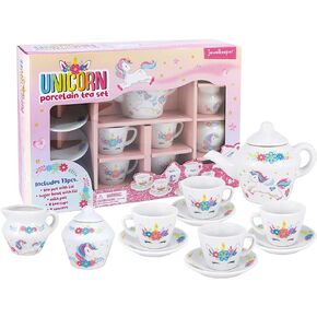 Porcelain Tea Set for Girls - Pink Ceramic Tea Cups with Pink Box - Tea Glass Toy for Kids and Girls Tea Party - Ideal Gift for Toddlers and Children's Ages 3 Years Old - Unicorn Design, 13 Pieces