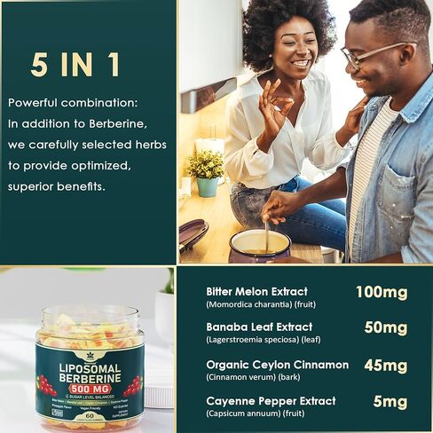 مكمل بربارين 500 مجم، مرة واحدة يوميًا، 15 مرة أفضل من التوافر الحيوي لصمغ البربرين الشحمي مع قرفة سيلان، البطيخ المر لعملية التمثيل الغذائي المتوازن، منشط AMPK، خالي من السكر، نباتي، 60 قطعة in Kuwait