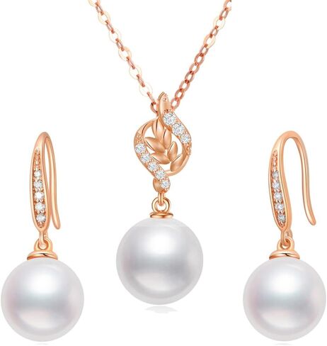 14k Rose Natural Gold Diamond and Freshwater Cultured Pearl Necklace and Earrings Set for Women, Fine Jewelry Gifts for Her in Saudi Arabia