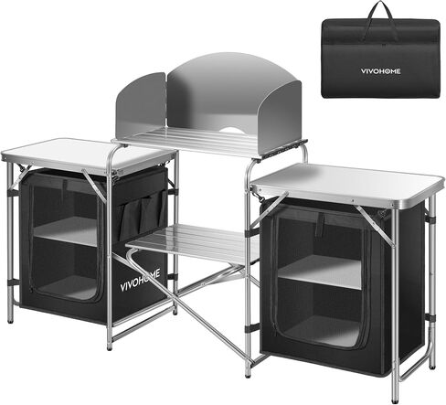 VIVOHOME Folding Camping Kitchen Table with Storage Organizer, 2 Side Tables, Stainless Steel Windscreen, Outdoor Portable Cook Station for BBQ, Picnics in Saudi Arabia