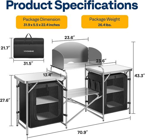 VIVOHOME Folding Camping Kitchen Table with Storage Organizer, 2 Side Tables, Stainless Steel Windscreen, Outdoor Portable Cook Station for BBQ, Picnics in Saudi Arabia