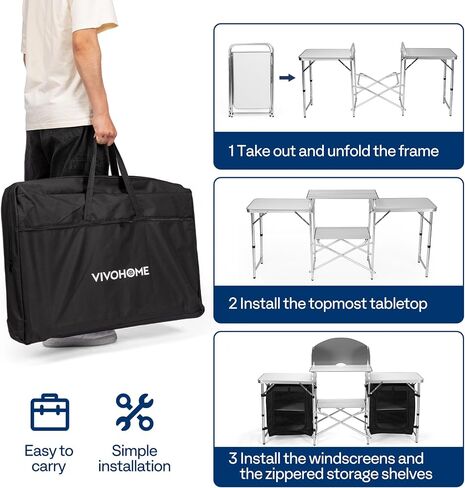 VIVOHOME Folding Camping Kitchen Table with Storage Organizer, 2 Side Tables, Stainless Steel Windscreen, Outdoor Portable Cook Station for BBQ, Picnics in Saudi Arabia