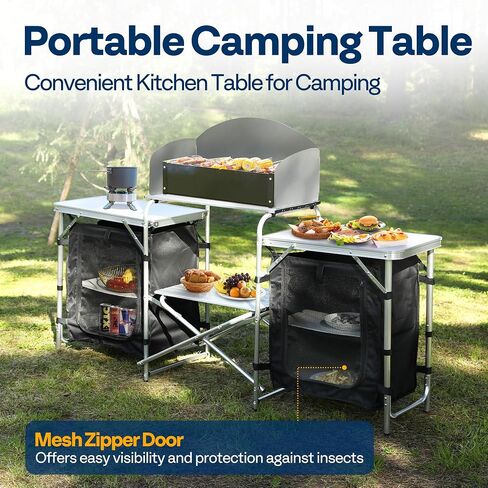 VIVOHOME Folding Camping Kitchen Table with Storage Organizer, 2 Side Tables, Stainless Steel Windscreen, Outdoor Portable Cook Station for BBQ, Picnics in Saudi Arabia