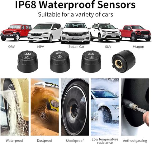 نظام مراقبة ضغط الإطارات من جانسايت، نظام مراقبة ضغط الإطارات TPMS لاسلكي خارجي IP68 مستشعر مقاوم للماء 7-87 رطل لكل بوصة مربعة طاقة ولاعة السجائر مع منفذ شحن USB in Kuwait
