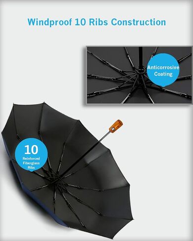 CEFIRO Umbrella Windproof Golf Umbrellas for Men, Travel Compact Auto Open/Close Folding Umbrella, with 10 Ribs, Vintage Wood Handle, Teflon Coating in Saudi Arabia