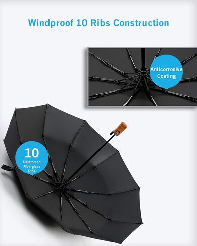 CEFIRO Umbrella Windproof Golf Umbrellas for Men, Travel Compact Auto Open/Close Folding Umbrella, with 10 Ribs, Vintage Wood Handle, Teflon Coating in Saudi Arabia