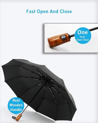 CEFIRO Umbrella Windproof Golf Umbrellas for Men, Travel Compact Auto Open/Close Folding Umbrella, with 10 Ribs, Vintage Wood Handle, Teflon Coating in Saudi Arabia