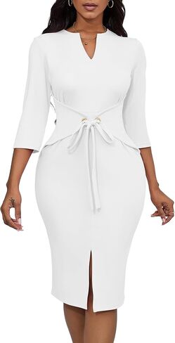 فساتين FANDEE النسائية الكلاسيكية 3/4 كم ورقبة على شكل حرف V Bodycon قلم رصاص متوسط ​​الطول فستان الكنيسة للعمل مع حزام in Kuwait