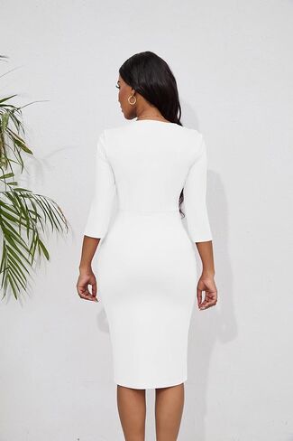 فساتين FANDEE النسائية الكلاسيكية 3/4 كم ورقبة على شكل حرف V Bodycon قلم رصاص متوسط ​​الطول فستان الكنيسة للعمل مع حزام in Kuwait