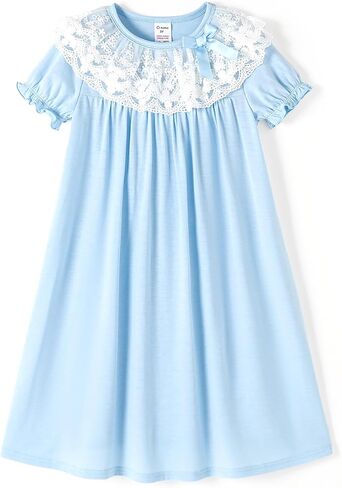 PATPAT Girls Princess Lace Nightgown Short Sleeve Sleepwear Nightdress O-Neck Loose Nightwear Homewear in Saudi Arabia