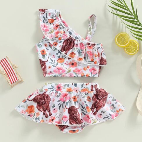 طفل رضيع فتاة ملابس السباحة الغربية الفتيات بقرة الأزهار طباعة واحد الكتف المحاصيل القمم توتو تنورة سحب قطع Tankinis in Kuwait