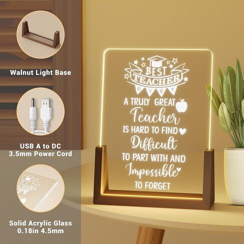 LUCKOR Teacher Appreciation Gifts from Student - Best Teacher Acrylic Plaque with Walnut Night Light - End of Year Thank You Gifts - Retirement Gifts for Teacher - Teacher Gift Ideas for Women in Saudi Arabia