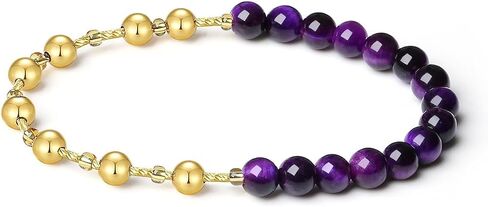 MetJakt Handmade Original Healing Crystals Energy Gemstone Stretch Bracelet for Women with 6MM Beaded 18K Gold Ball Two in One Natural Stone Jewelry (Purple Tiger's Eye, 18K Gold Plated) in Saudi Arabia