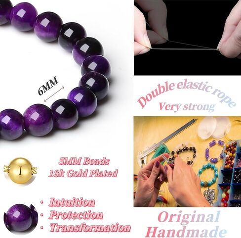 MetJakt Handmade Original Healing Crystals Energy Gemstone Stretch Bracelet for Women with 6MM Beaded 18K Gold Ball Two in One Natural Stone Jewelry (Purple Tiger's Eye, 18K Gold Plated) in Saudi Arabia