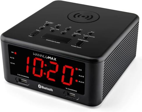 راديو منبه HANNLOMAX HX-140CR مع شاحن لاسلكي، ومنفذ USB واحد لشحن 2.4 أمبير، ومنفذ USB واحد لشحن 1 أمبير، وشاشة LED حمراء مقاس 1.2 بوصة، وبلوتوث ومدخل Aux-in in Saudi Arabia