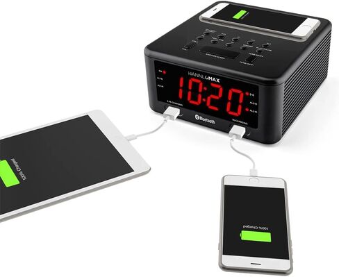 راديو منبه HANNLOMAX HX-140CR مع شاحن لاسلكي، ومنفذ USB واحد لشحن 2.4 أمبير، ومنفذ USB واحد لشحن 1 أمبير، وشاشة LED حمراء مقاس 1.2 بوصة، وبلوتوث ومدخل Aux-in in Saudi Arabia