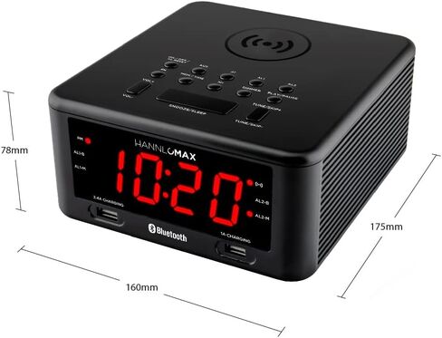 راديو منبه HANNLOMAX HX-140CR مع شاحن لاسلكي، ومنفذ USB واحد لشحن 2.4 أمبير، ومنفذ USB واحد لشحن 1 أمبير، وشاشة LED حمراء مقاس 1.2 بوصة، وبلوتوث ومدخل Aux-in in Saudi Arabia