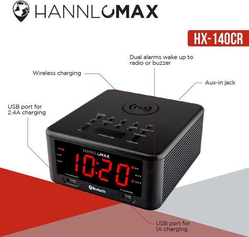 راديو منبه HANNLOMAX HX-140CR مع شاحن لاسلكي، ومنفذ USB واحد لشحن 2.4 أمبير، ومنفذ USB واحد لشحن 1 أمبير، وشاشة LED حمراء مقاس 1.2 بوصة، وبلوتوث ومدخل Aux-in in Saudi Arabia