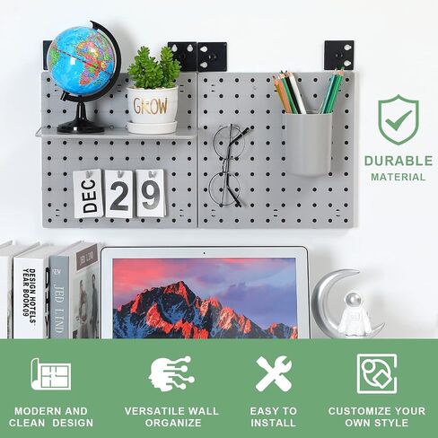 2 Pieces Pegboard Wall Organizer Small Pegboard Peg Board Wall Panel Kits Pegboard Accessories, 2 Installation Methods, No Harm to The Wall for Garage Kitchen Bathroom Office (Gray) in Saudi Arabia