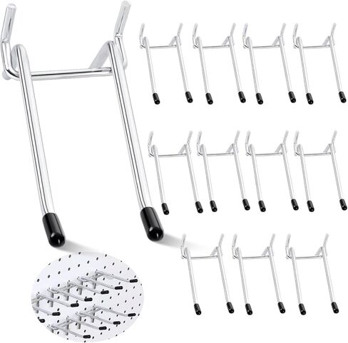 Dualshine 12 قطعة من خطافات Pegboard بذراع مزدوج، تناسب فتحة Pegboard مقاس 1/4 بوصة، شماعة حامل أدوات لوحة ربط معدنية مع ملحقات منظم لوح ربط طرف مطاطي أسود لأداة التعليق (6 بوصة/فضي) in Kuwait