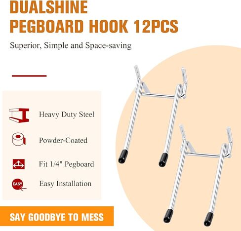Dualshine 12 قطعة من خطافات Pegboard بذراع مزدوج، تناسب فتحة Pegboard مقاس 1/4 بوصة، شماعة حامل أدوات لوحة ربط معدنية مع ملحقات منظم لوح ربط طرف مطاطي أسود لأداة التعليق (6 بوصة/فضي) in Kuwait