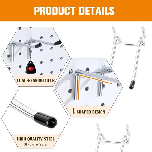 Dualshine 12 قطعة من خطافات Pegboard بذراع مزدوج، تناسب فتحة Pegboard مقاس 1/4 بوصة، شماعة حامل أدوات لوحة ربط معدنية مع ملحقات منظم لوح ربط طرف مطاطي أسود لأداة التعليق (6 بوصة/فضي) in Kuwait