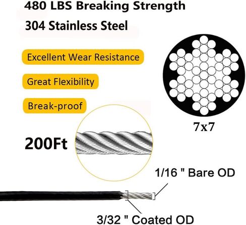 FOLUXING 100Ft كابل سلك حبل أسود، 1/16 بوصة مطلي إلى 3/32 بوصة، الفولاذ المقاوم للصدأ لسلسلة أضواء معلقة عدة، سلك دليل الضوء في الهواء الطلق، DIY الدرابزينات حبل الغسيل in Kuwait