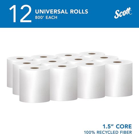 مناشف Scott® Universal مصنوعة من الألياف الصلبة المعاد تدويرها بنسبة 100% (01052)، مع جيوب امتصاص™، 1.5 بوصة، بيضاء، (800'/لفة، 12 لفة/علبة، 9600'/علبة) in Kuwait