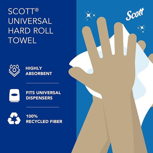 مناشف Scott® Universal مصنوعة من الألياف الصلبة المعاد تدويرها بنسبة 100% (01052)، مع جيوب امتصاص™، 1.5 بوصة، بيضاء، (800'/لفة، 12 لفة/علبة، 9600'/علبة) in Kuwait