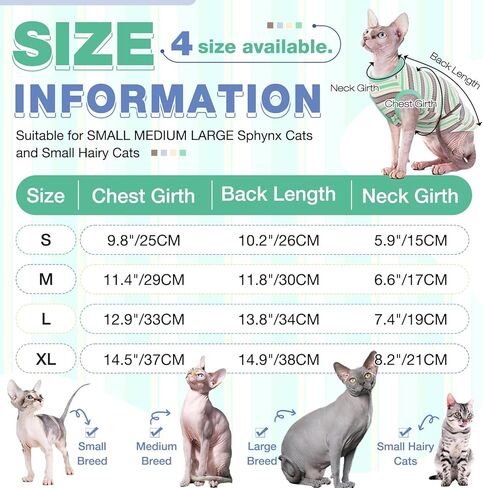 ملابس القطط ROZKITCH Sphynx، قميص قطط ناعم بدون شعر، سترة قطط قابلة للتمدد، بلوفر بيجامة قطط مخططة، سترة قطط لكورنيش ريكس، ديفون ريكس، بيتربالد هريرة جرو كلب صغير كل المواسم أخضر L in Kuwait