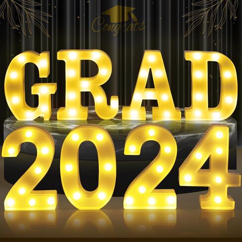 2024 ديكورات حفلات التخرج، 8 مصابيح LED مضيئة حرف "GRAD 2024" لافتة لديكورات التخرج فئة 2024 رياض الأطفال مرحلة ما قبل المدرسة الثانوية لوازم حفلات التخرج in Kuwait