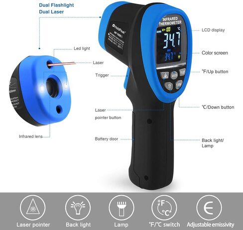 GOLDCHAMP ميزان حرارة عالي الحرارة ومجموعة ميزان حرارة للقراءة الفورية، -58 درجة فهرنهايت ~ 3272 درجة فهرنهايت D: S = 50: 1، مسدس درجة حرارة غير ملامس مع شاشة LCD ملونة للصهر والأفران والطهي والفرن والتدفئة والتهوية وتكييف الهواء، إلخ. in Kuwait