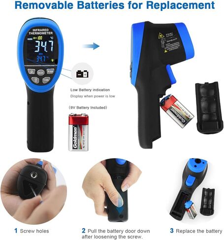 GOLDCHAMP ميزان حرارة عالي الحرارة ومجموعة ميزان حرارة للقراءة الفورية، -58 درجة فهرنهايت ~ 3272 درجة فهرنهايت D: S = 50: 1، مسدس درجة حرارة غير ملامس مع شاشة LCD ملونة للصهر والأفران والطهي والفرن والتدفئة والتهوية وتكييف الهواء، إلخ. in Kuwait