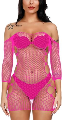 ملابس نوم نسائية من Vorifun بشبكة صيد السمك، فستان قصير قطعة واحدة بيبي دول برقبة على شكل حرف V، مقاس واحد in Kuwait