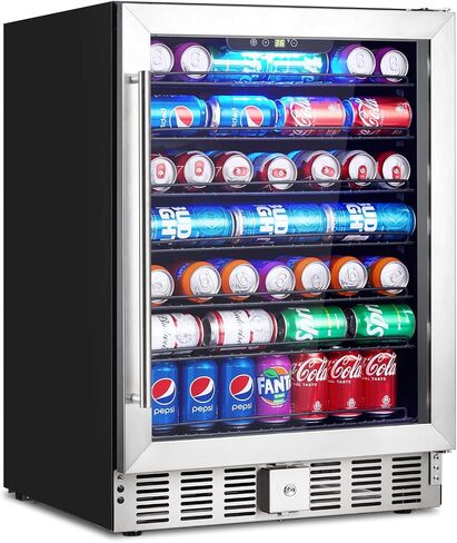 Garvee 24 Inch Beverage Refrigerator Cooler, 166 Cans Beverage Fridge Built-in LED Light and Freestanding with Glass Door Beer Wine Drink Soda Fridge for Bar, Kitchen, Office (24 Inch) in Saudi Arabia