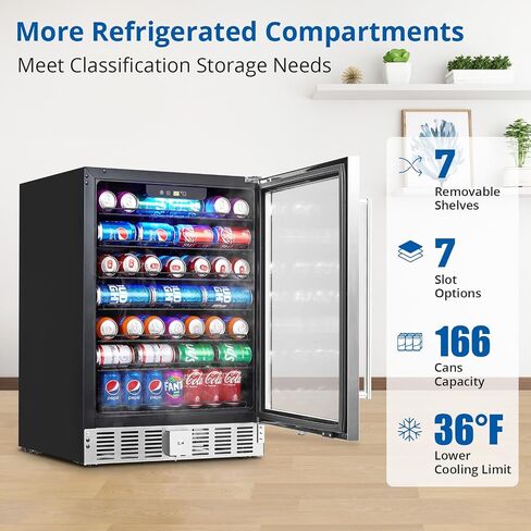 Garvee 24 Inch Beverage Refrigerator Cooler, 166 Cans Beverage Fridge Built-in LED Light and Freestanding with Glass Door Beer Wine Drink Soda Fridge for Bar, Kitchen, Office (24 Inch) in Saudi Arabia