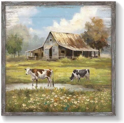 Cow Rustic Wood Wall Art: Farmhouse Barn Painting Greenfield Country Framed Artwork Countryside Decoration for Living Room Bedroom Office in Saudi Arabia