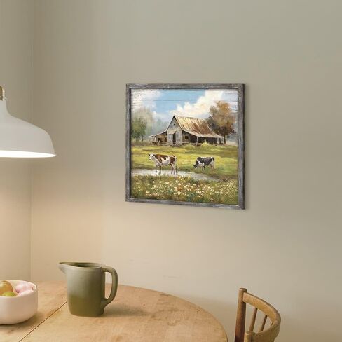 Cow Rustic Wood Wall Art: Farmhouse Barn Painting Greenfield Country Framed Artwork Countryside Decoration for Living Room Bedroom Office in Saudi Arabia