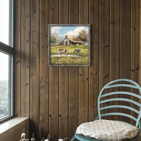 Cow Rustic Wood Wall Art: Farmhouse Barn Painting Greenfield Country Framed Artwork Countryside Decoration for Living Room Bedroom Office in Saudi Arabia