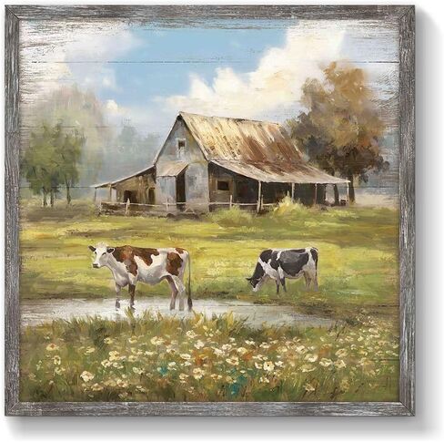 Cow Rustic Wood Wall Art: Farmhouse Barn Painting Greenfield Country Framed Artwork Countryside Decoration for Living Room Bedroom Office in Saudi Arabia