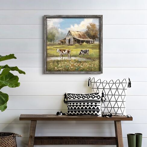 Cow Rustic Wood Wall Art: Farmhouse Barn Painting Greenfield Country Framed Artwork Countryside Decoration for Living Room Bedroom Office in Saudi Arabia