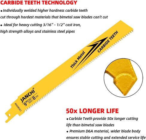 شفرة منشار ترددية كربيد 8TPI مقاس 9 بوصة، قدرة التحمل لقطع المعادن السميكة، فولاذ البناء عالي السبائك، الحديد الزهر، سبائك الصلب، الفولاذ المقاوم للصدأ، حديد التسليح وعوارض السيارة، 3 عبوات in Kuwait