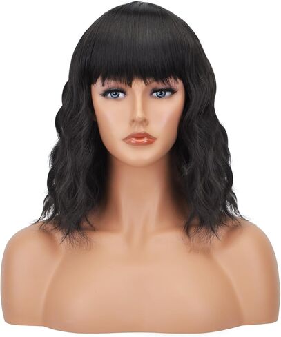 AICKER Black Short Bob Wigs with Bangs for Women Loose Wavy Wig Curly Wavy Shoulder Length Bob Synthetic Cosplay Wig for Girl Colorful Costume Wigs in Saudi Arabia