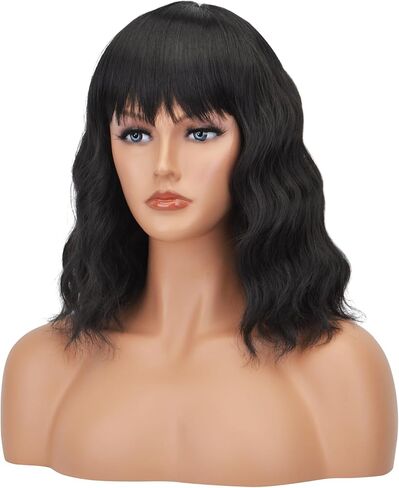 AICKER Black Short Bob Wigs with Bangs for Women Loose Wavy Wig Curly Wavy Shoulder Length Bob Synthetic Cosplay Wig for Girl Colorful Costume Wigs in Saudi Arabia