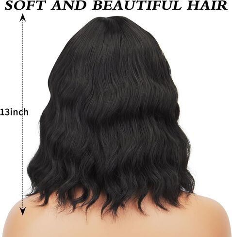 AICKER Black Short Bob Wigs with Bangs for Women Loose Wavy Wig Curly Wavy Shoulder Length Bob Synthetic Cosplay Wig for Girl Colorful Costume Wigs in Saudi Arabia