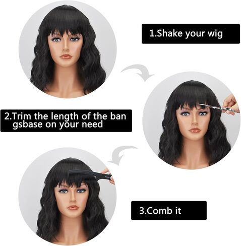 AICKER Black Short Bob Wigs with Bangs for Women Loose Wavy Wig Curly Wavy Shoulder Length Bob Synthetic Cosplay Wig for Girl Colorful Costume Wigs in Saudi Arabia