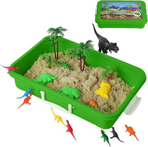 Dinosaur Play Sand Kit - Sensory Bin Sandbox, 2 Bags of Safe Sand and 34 Pieces - Feels Like Wet Sand Without The Mess - Comes with Bin, Lid, Dinosaur Figures, Dino Molds, Trees, Fences in Saudi Arabia
