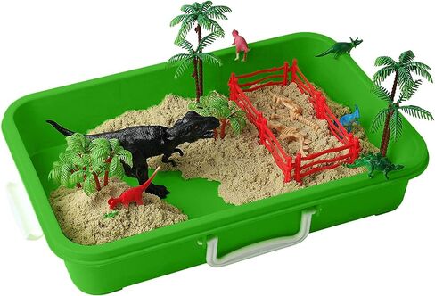 Dinosaur Play Sand Kit - Sensory Bin Sandbox, 2 Bags of Safe Sand and 34 Pieces - Feels Like Wet Sand Without The Mess - Comes with Bin, Lid, Dinosaur Figures, Dino Molds, Trees, Fences in Saudi Arabia